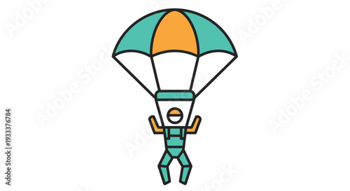Stylized illustration of a skydiver with a colorful parachute in flight