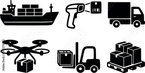 Flat design logistics icons cargo ship barcode scanner delivery truck drone carrying box forklift and pallet vector set in black