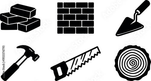 Minimalism flat design construction tool icons bricks hammer hand saw trowel log slice arranged on clean white background simple bold