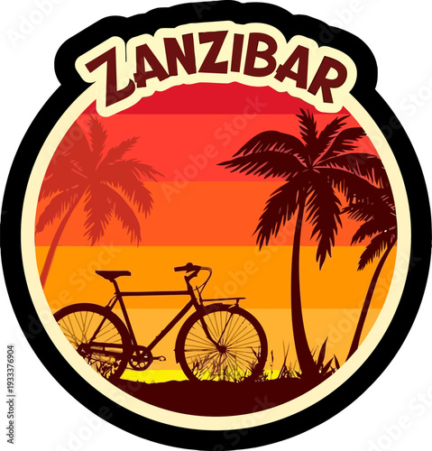 Retro Zanzibar island travel sticker with a vintage bicycle silhouette, tropical palm trees, and a stunning sunset landscape, perfect for holiday souvenirs and vacation memories.