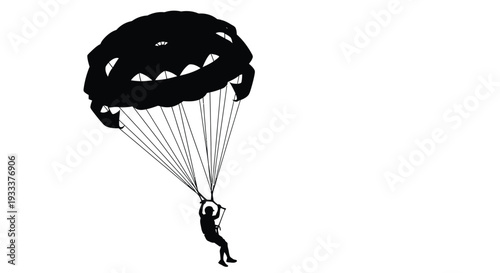 Silhouette of a parachutist descending with an open parachute against a white background