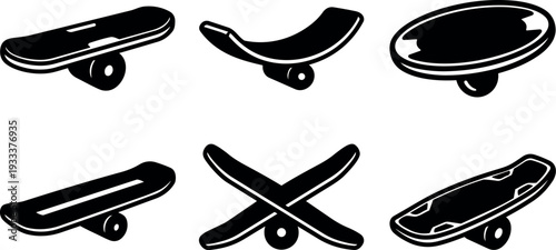 Minimalist icon skateboard set showing six board silhouettes top view and angled profiles with wheel details bold black clean shapes