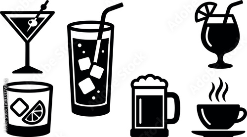 Flat design beverage icon set six glasses cocktail martini highball tumbler beer mug coffee cup with straw and ice garnish