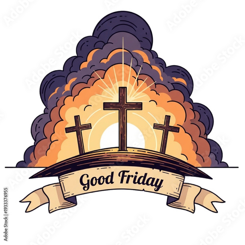 Good Friday Calvary Scene with Three Crosses, Sunrise Clouds and Ribbon Banner Text, Christian Holy Week Easter Illustration Isolated on Transparent Background