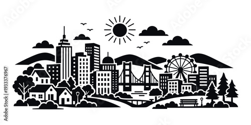 City landscape combining residential and commercial architecture with green spaces, landmark bridge, and an amusement park attraction