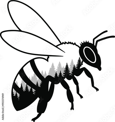 Black and white honey bee silhouette with a scenic pine forest landscape inside its body
