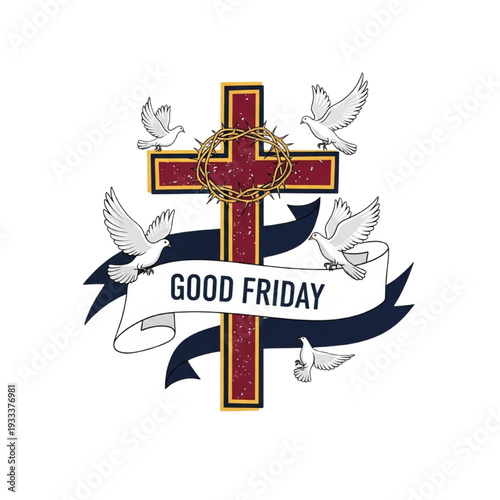 Good Friday Christian Cross with Crown of Thorns and White Dove, Holy Week Easter Ribbon Banner Typography Illustration Isolated on Transparent Background