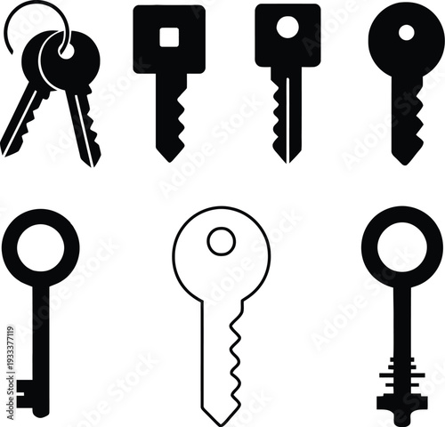 A collection of diverse key icons representing security, access, and unlocking possibilities for various applications like web design, graphic projects, and digital illustrations.