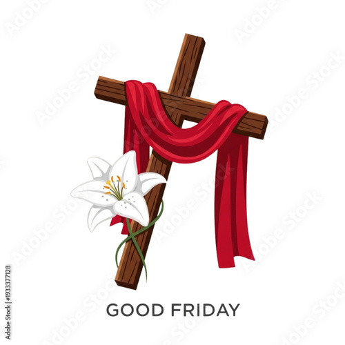  Good Friday clip art wooden cross with red draped cloth and white lily flowers, Christian Holy Week Easter crucifix illustration isolated on white background