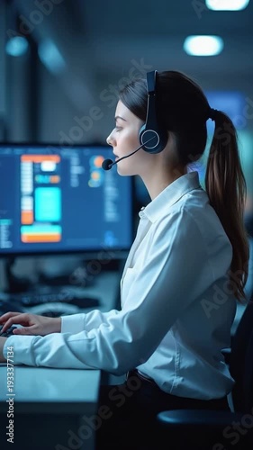 Portrait of Professional IT Technical Support Female Specialist Working on Computer in Monitoring Control Room with Digital Screens.