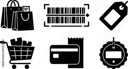 Flat design ecommerce icon set shopping bags barcode price tag cart credit card receipt round label badge simple black vector