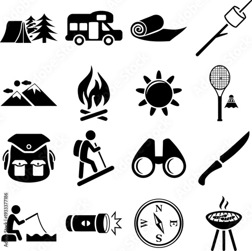 Collection of black and white vector icons representing various outdoor recreational activities equipment and travel necessities for adventure.
