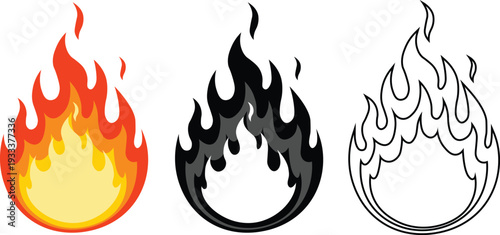 Vector clipart flames icons set, fire symbols in different styles