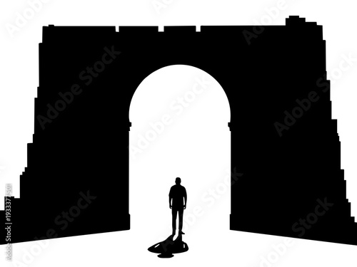 Eine einzelne Person steht vor einem massiven runden Portal. Das Design wirkt mystisch, monumental und leicht philosophisch.KI Generiert