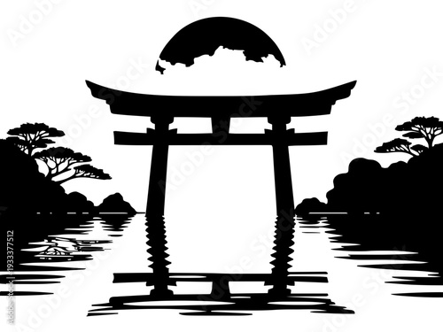 Ein traditionelles Torii-Tor steht ruhig im Wasser vor einem großen Kreis im Hintergrund. Das Design vermittelt Zen, Balance und Fernost-Ästhetik.KI Generiert