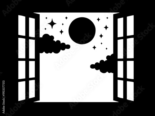 Ein geöffnetes Fenster gibt den Blick auf einen runden Nachthimmel frei. Das Motiv wirkt träumerisch und leicht poetisch.KI Generiert