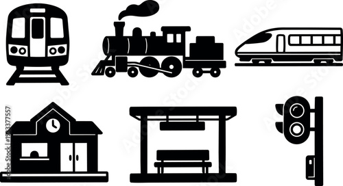 Flat design front and side train icons showing subway steam locomotive high speed train station platform bench and traffic light