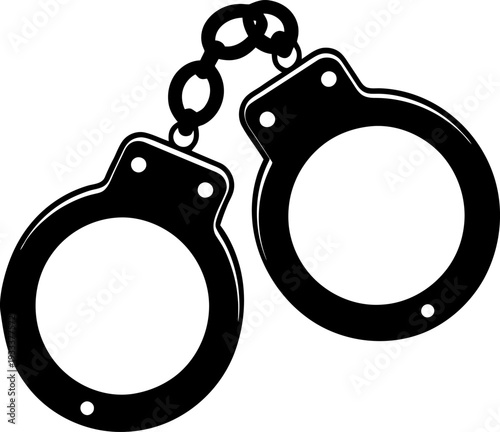 Simple black and white graphic illustration of metallic police handcuffs connected by a short chain symbolizing restraint and law enforcement authority