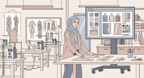 Young Muslim woman designer working on fashion sketches.