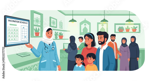 Diverse family receiving medical vaccination advice from healthcare professional.