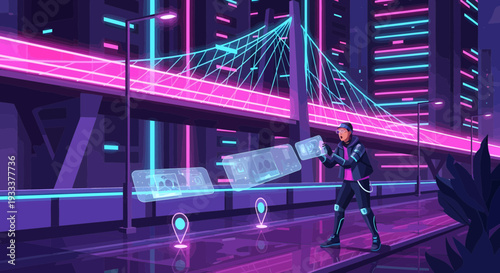 Futuristic Man Interacting with Holographic Interface.