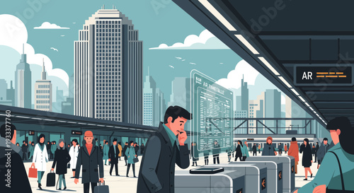 Man in business attire walking through a modern transit station.