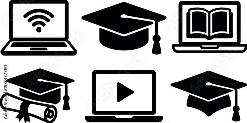 Flat design educational icons set showing graduation caps laptops diploma and play video symbol for online learning and e learning