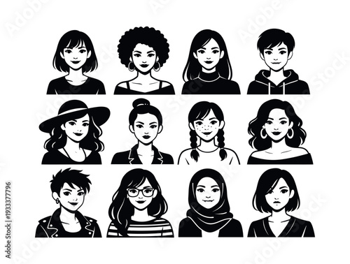 Group of stylized female characters presenting diversity and inclusion concepts, ideal for digital communication and online identity