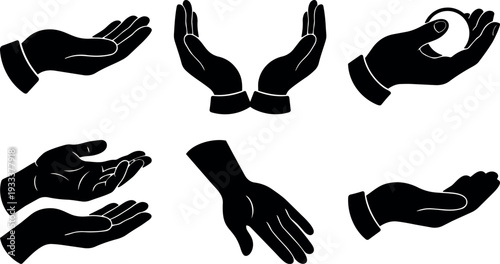 Flat design black silhouette of cupped hands offering and receiving viewed from close up with clean minimal style soft lighting