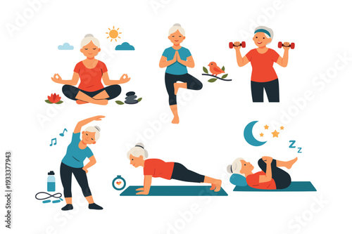 Senior woman is staying active and fostering well-being through different exercises, relaxation, and mindfulness for a healthy lifestyle