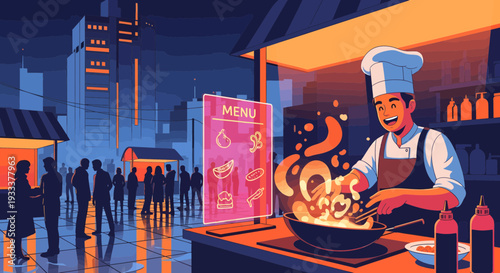 Skilled chef cooking delicious food in a busy street food market.