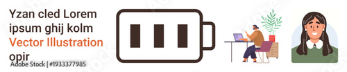 Energy levels, productivity, remote work, online communication, workplace management, human connection. Battery icon, person working at desk portrait of a smiling woman. Productivity and remote work