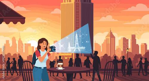 Woman Capturing Virtual Eiffel Tower with Camera.