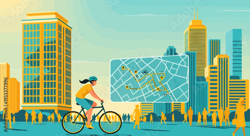 Woman cycling in city with digital map overlay.