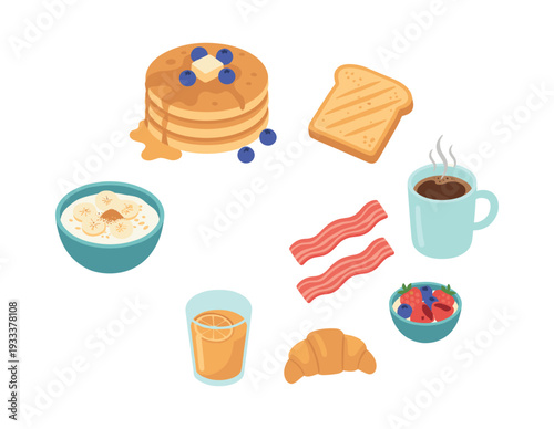 Drawing various breakfast food items and beverages, creating a collection of popular morning meal elements for web and print