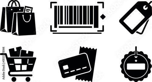 Flat design black shopping icon set showing barcode bags cart price tags credit card receipt badge in minimalist layout collection
