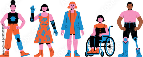 Five stylized characters are shown, featuring people with prosthetic legs and arms as well as a person in a wheelchair.