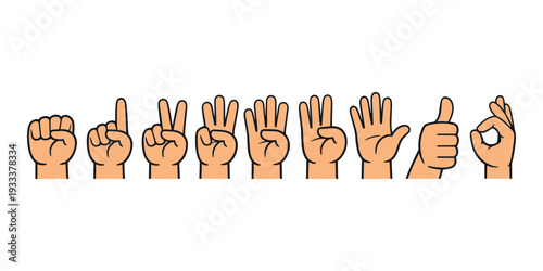 Hands showing number counting from zero to five and common gestural communication like thumbs up and okay sign
