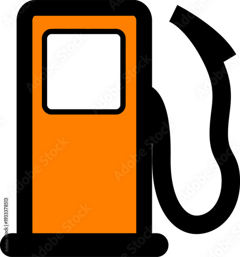 This simple orange and black icon depicts a classic fuel pump, symbolizing gasoline, energy, and transportation, perfect for apps, websites, or informational graphics related to vehicles and travel.
