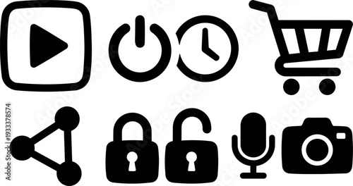 Flat design bold glyph icon set play power clock shopping cart share lock unlock microphone camera close up minimal black