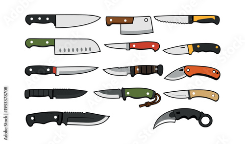 Knife collection vector illustration, showing different types of blades for various uses like cooking, camping, and defense
