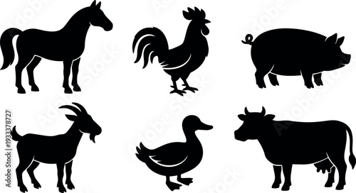 Flat design silhouette farm animals set horse rooster pig goat duck and cow side view simple bold on white background