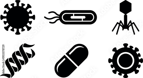 Flat design microbiology icon set showing virus bacterium bacteriophage dna helix capsule pill and medical science symbols black silhouettes isolated minimal