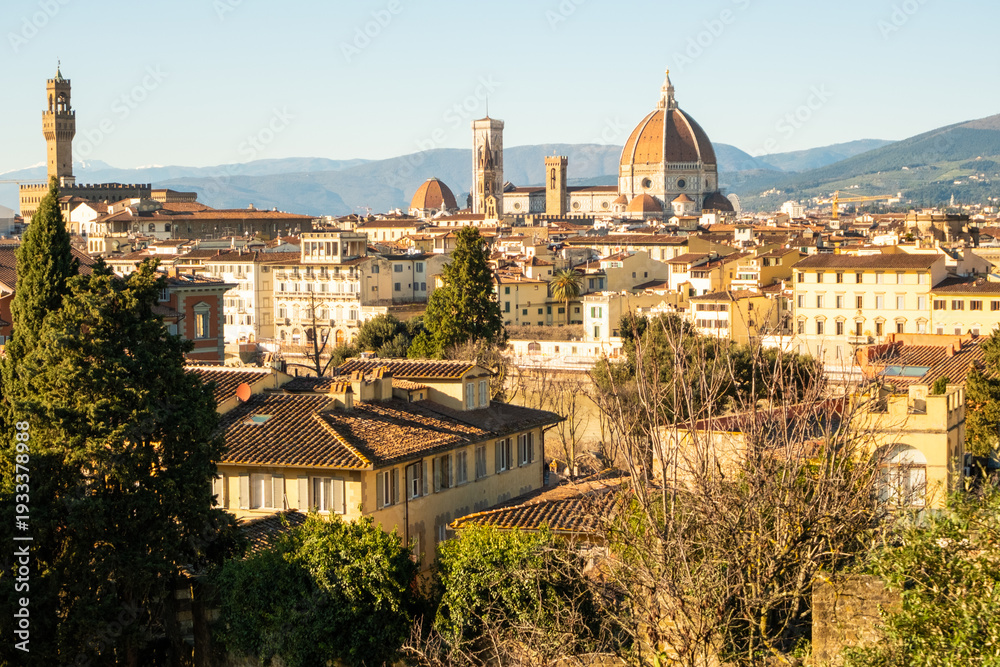 Fototapeta premium Views of Florence with historical buildings and the dome rising in the background during daylight