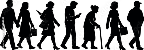 Minimalist silhouette vector showing seven walking people in profile including couple holding hands elderly woman with cane man using phone