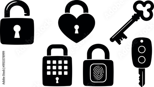 Flat design close up black padlock and key icon set with fingerprint heart lock keypad and car key remote silhouette
