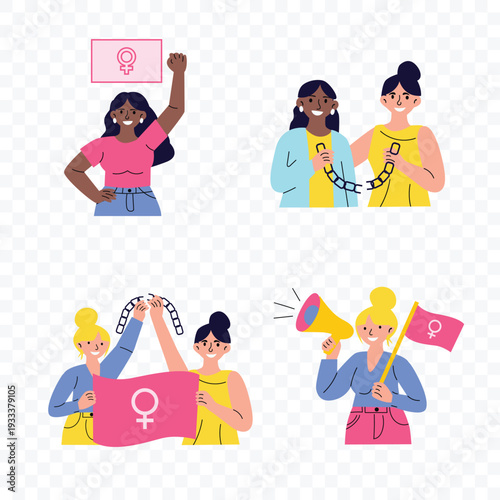 International Women’s Day vector illustration set with women holding feminist flag megaphone and broken chain symbolizing empowerment equality and solidarity