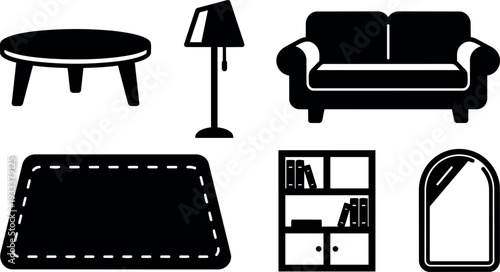 Flat design black furniture icon set living room sofa coffee table lamp rug bookshelf mirror simple minimal vector layout collection