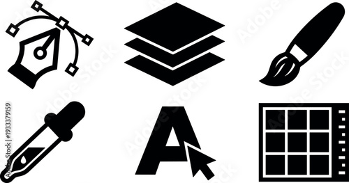 Flat design close up vector icon set showing pen nib layers paint brush eyedropper cursor grid for creative tools minimal