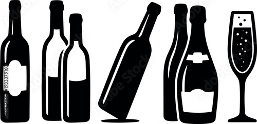 Flat design black silhouette line of wine and champagne bottles with single flute standing upright on white background elegant minimal
